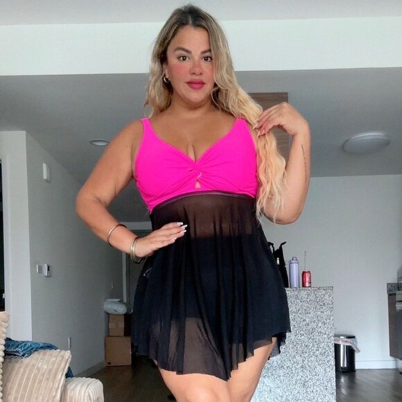 Women's Plus Size Swimsuits Tummy Control Bathing Suits Flowy Mesh Swim Dress - Picture 7 of 12